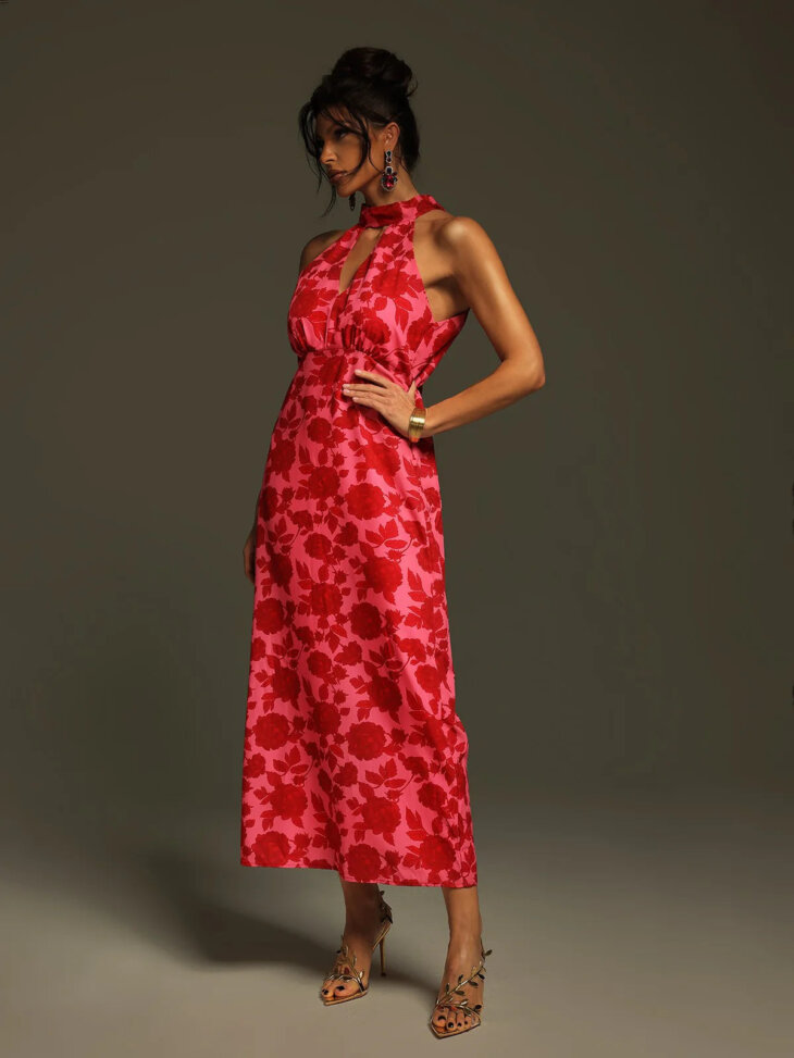 Robe mi-longue à découpes florales et col licou Jacki – Image 3