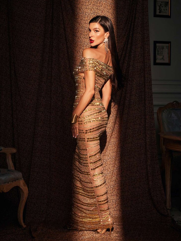 Robe longue en maille strassée à épaules dénudées Eryx – Image 3