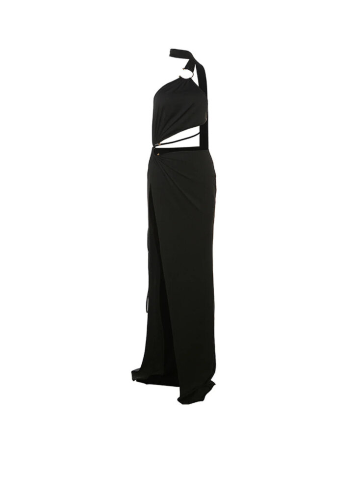 Mihi - Robe longue dos nu drapée et découpée - Noir – Image 6