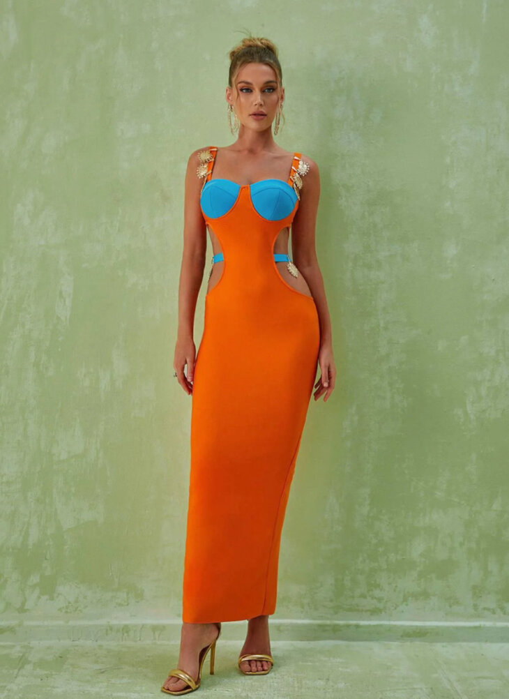 Margaux - Robe longue ornée à découpes - Orange – Image 3