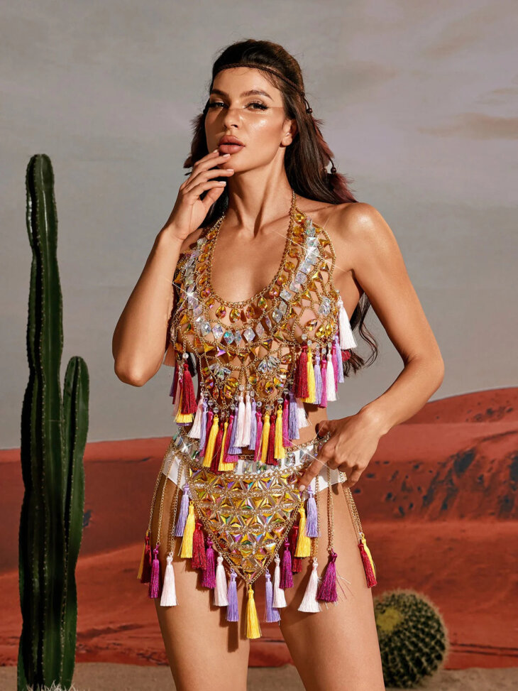 Ensemble jupe chaîne de corps à franges en strass Priyal