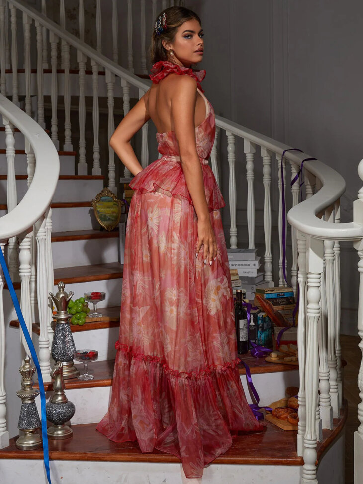 Robe longue fleurie à col licou Pollux – Image 5