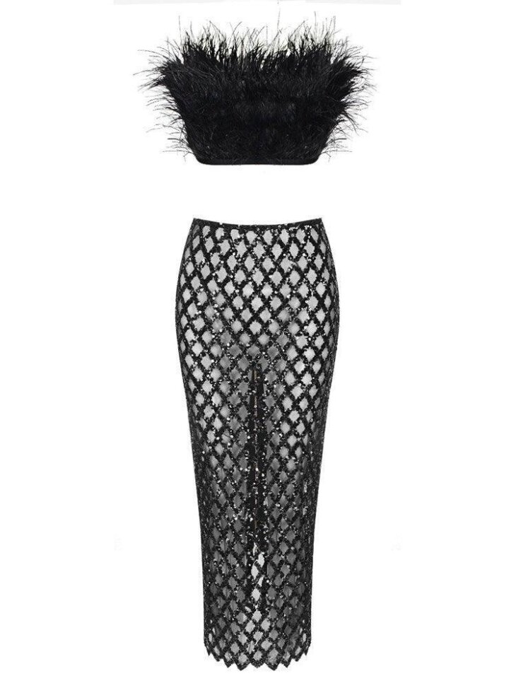Ansley - Ensemble jupe bustier en plumes en tulle - Noir – Image 4