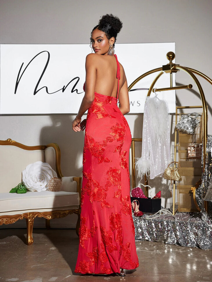 Aedin - Robe longue à fleurs dos nu - Rouge – Image 2