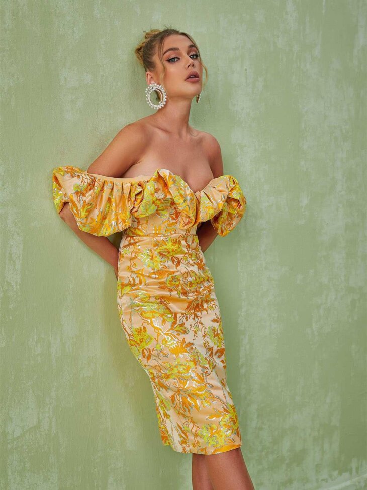 Robe mi-longue en jacquard à épaules dénudées Kore – Image 4