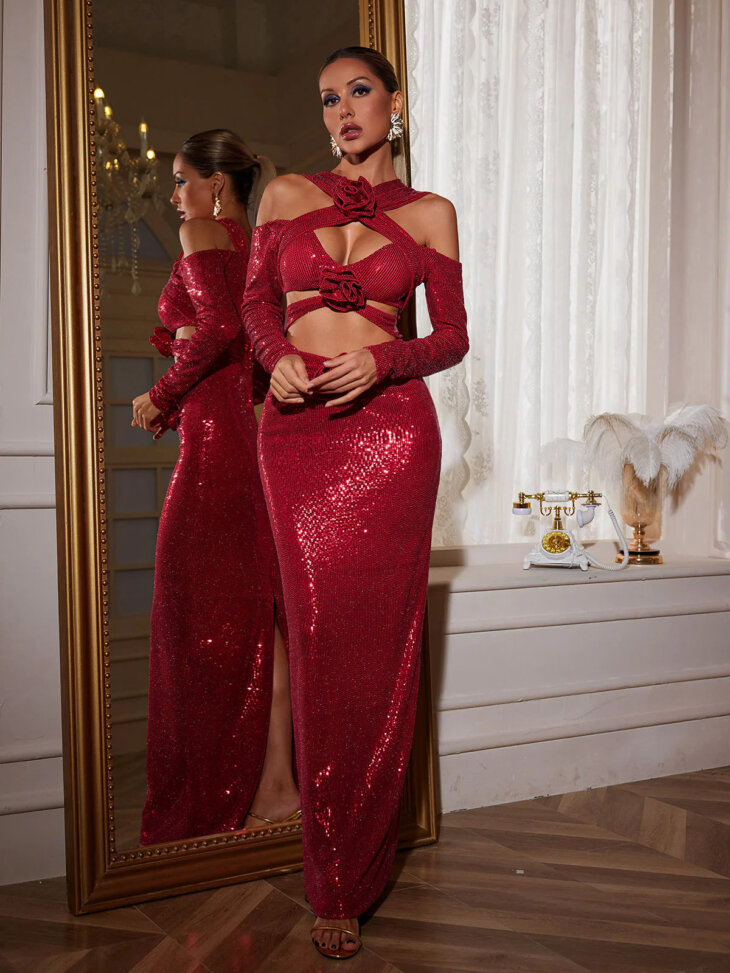Robe longue à sequins et découpes de fleurs Lowen – Image 4