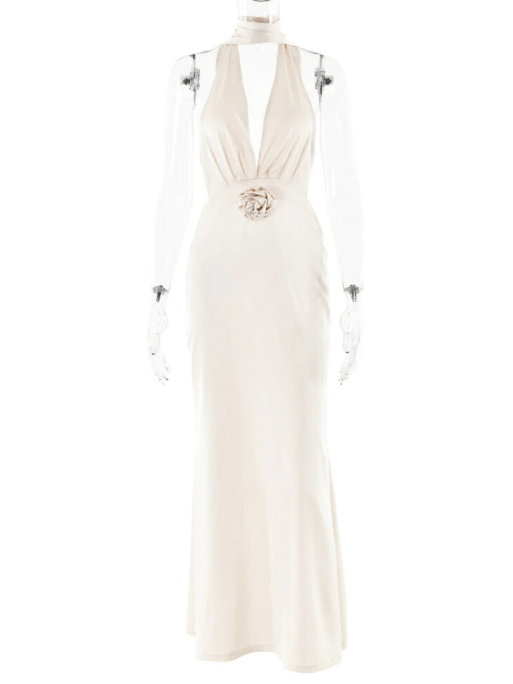 Anamaria - Robe longue dos nu froncée en satin - Blanc – Image 6
