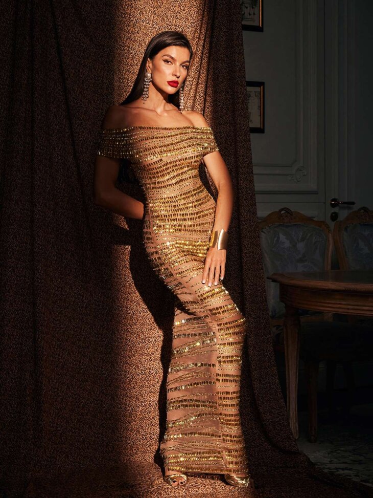Robe longue en maille strassée à épaules dénudées Eryx – Image 2