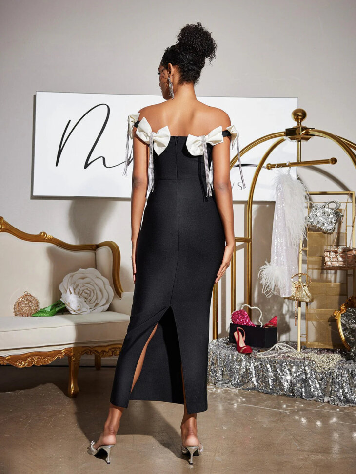 Robe mi-longue bandage à franges et nœud Devrim – Image 2