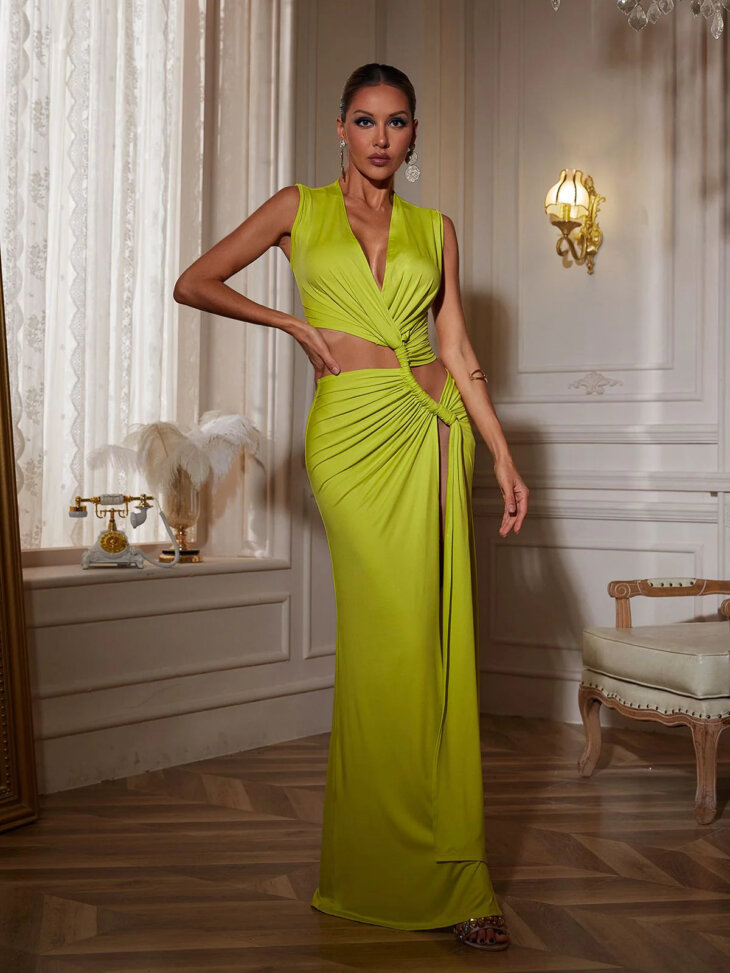 Robe longue fendue et découpée à col en V Gertrude – Image 2