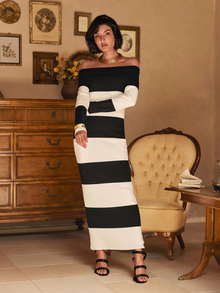 Jamaar - Robe longue rayée à épaules dénudées – Image 4