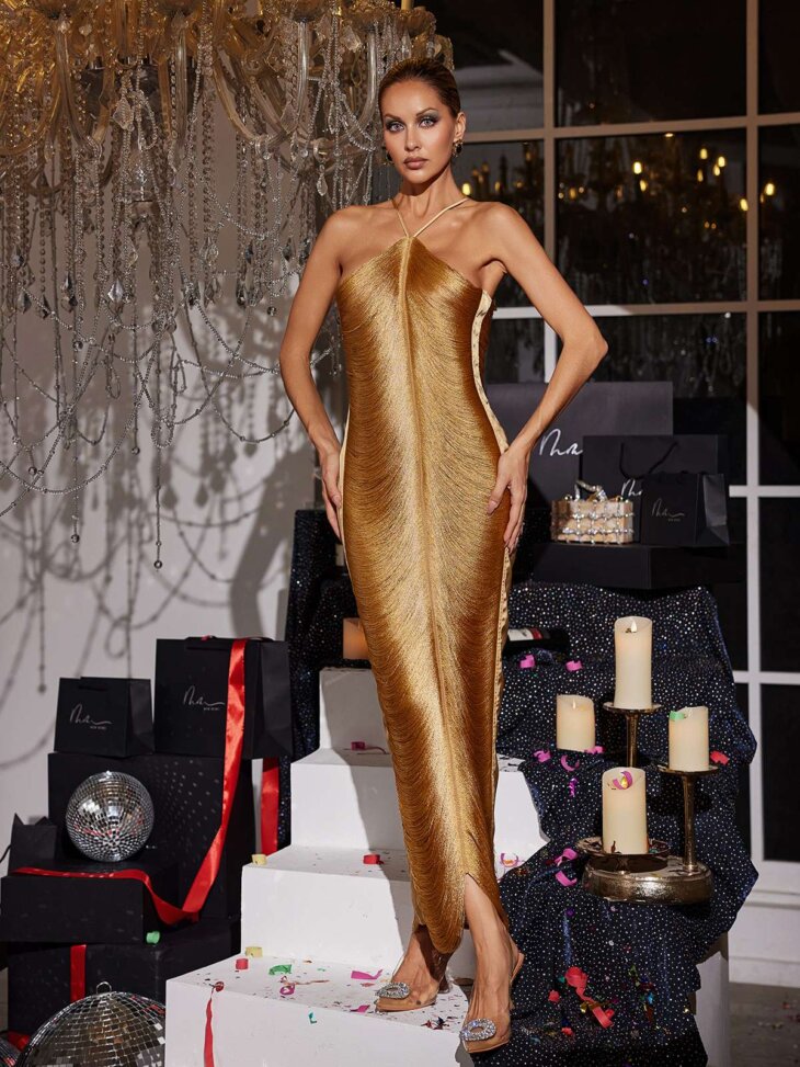 Bluma - Robe longue dos nu à franges - Bronze – Image 5