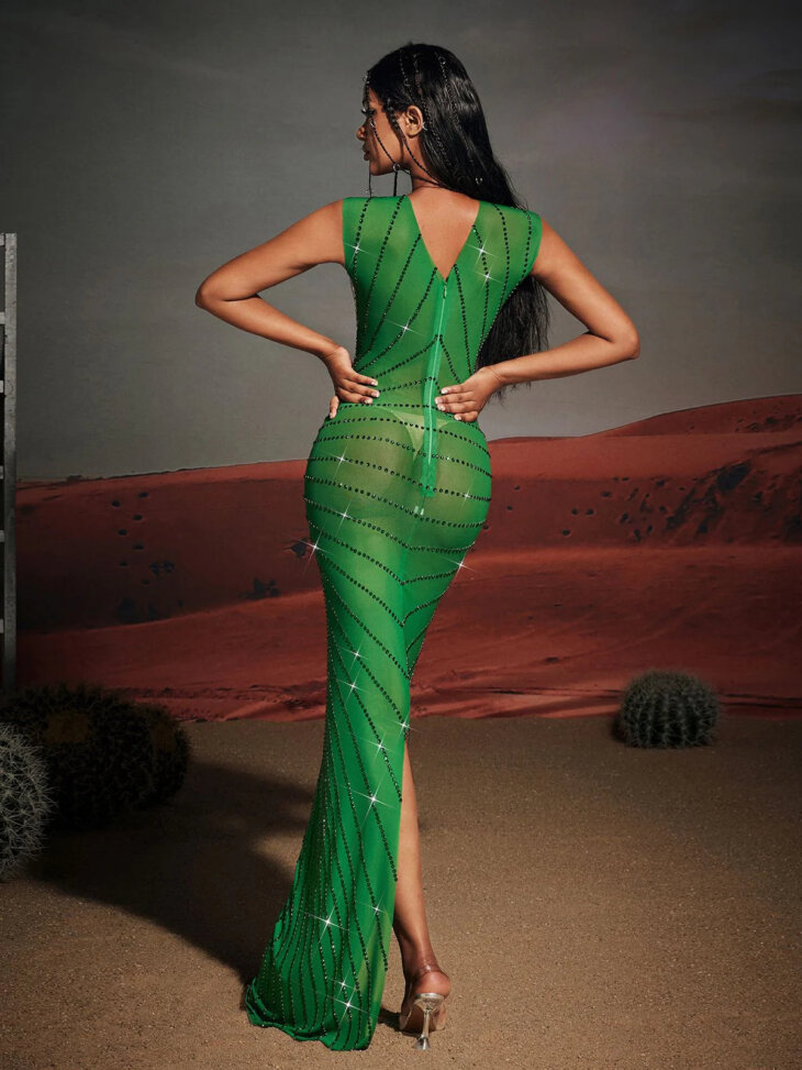 Brody - Robe longue fendue imprimée strass - Vert – Image 4