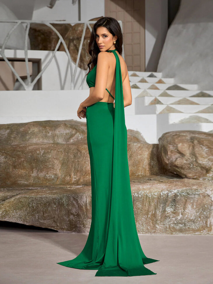 Mihi - Robe longue dos nu drapée et découpée - Vert – Image 4