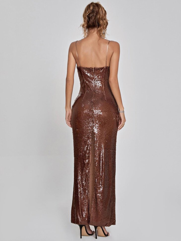 Robe Lorelei marron à sequins – Image 5