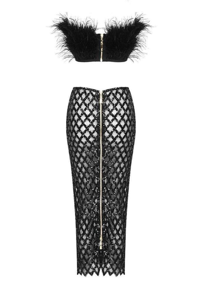 Ansley - Ensemble jupe bustier en plumes en tulle - Noir – Image 6