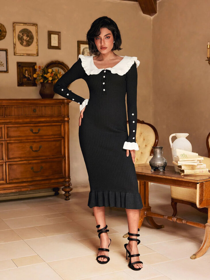 Robe mi-longue en maille à volants et manches longues Chrisopher – Image 3