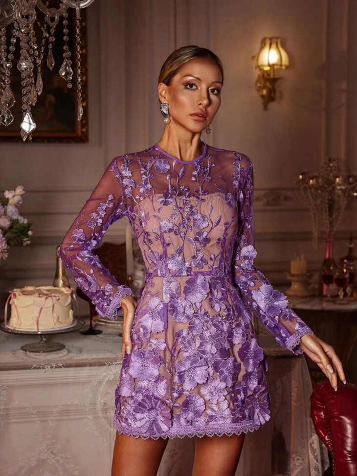 Mini-robe brodée florale à manches longues Dallan – Image 6