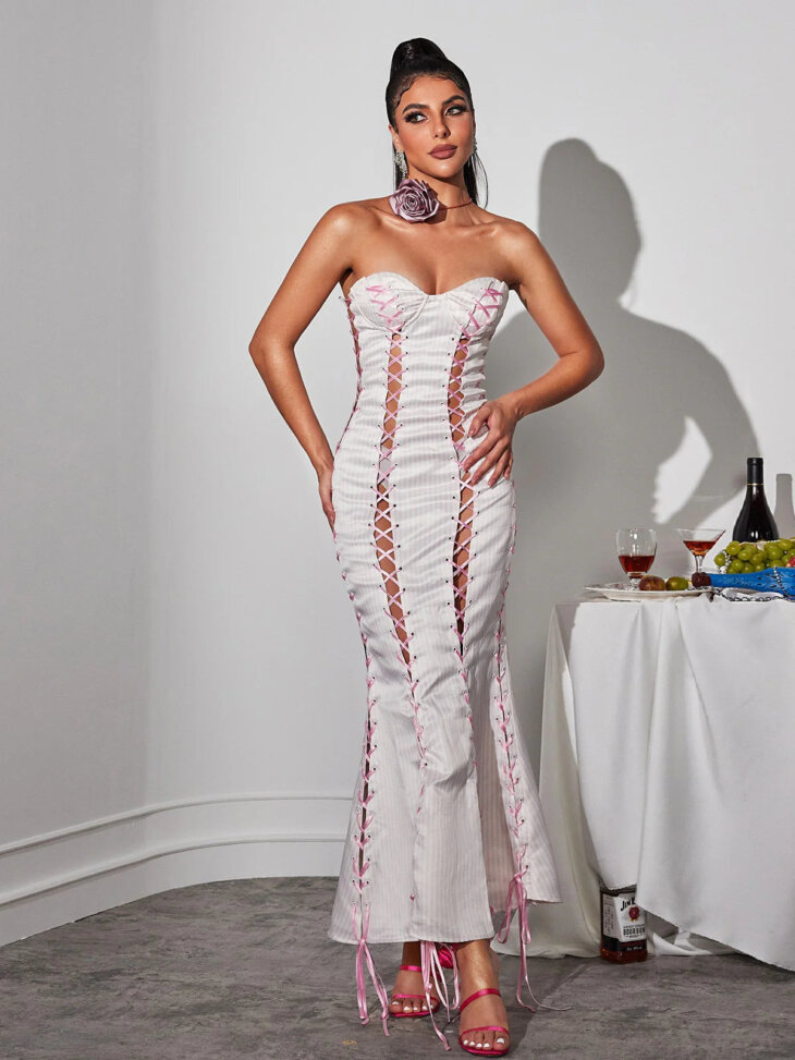 Robe longue à rayures et lacets Eleusine