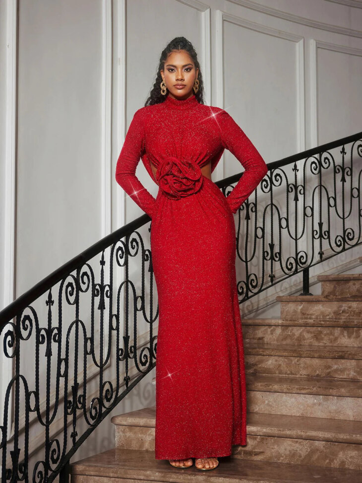 Robe Renwick à manches longues et découpes de fleurs pailletées – Image 5