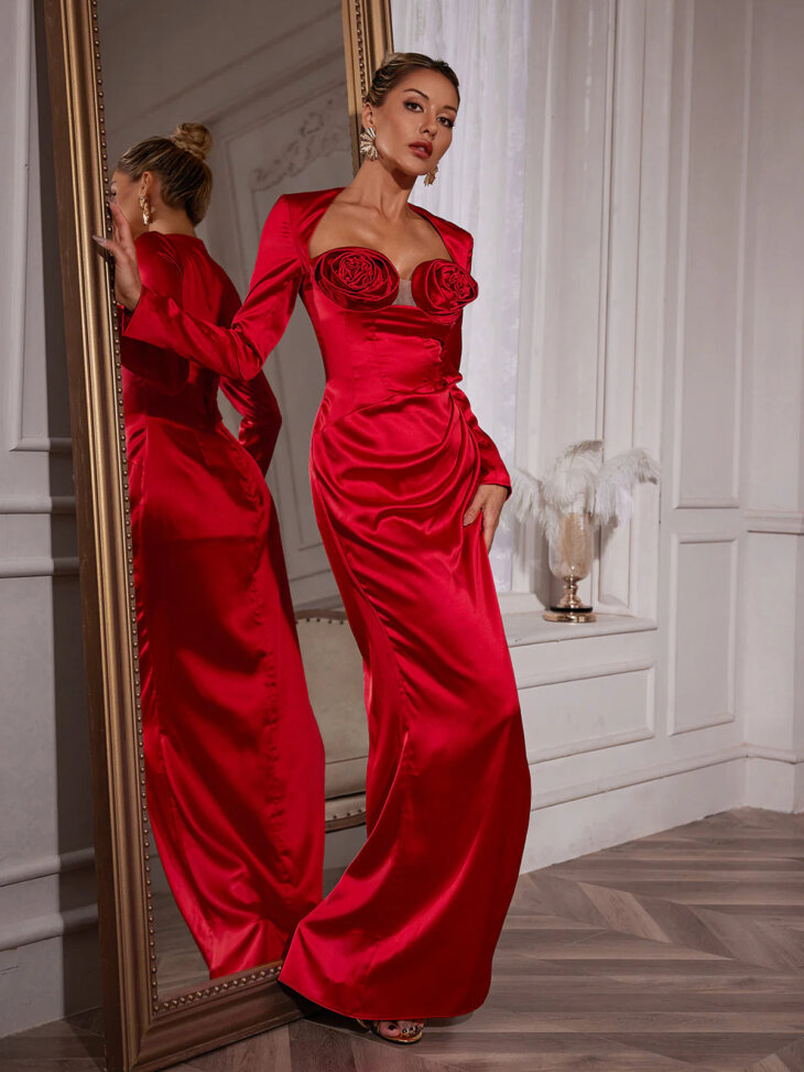 Robe en satin à fleurs à manches longues Ozuru – Image 5