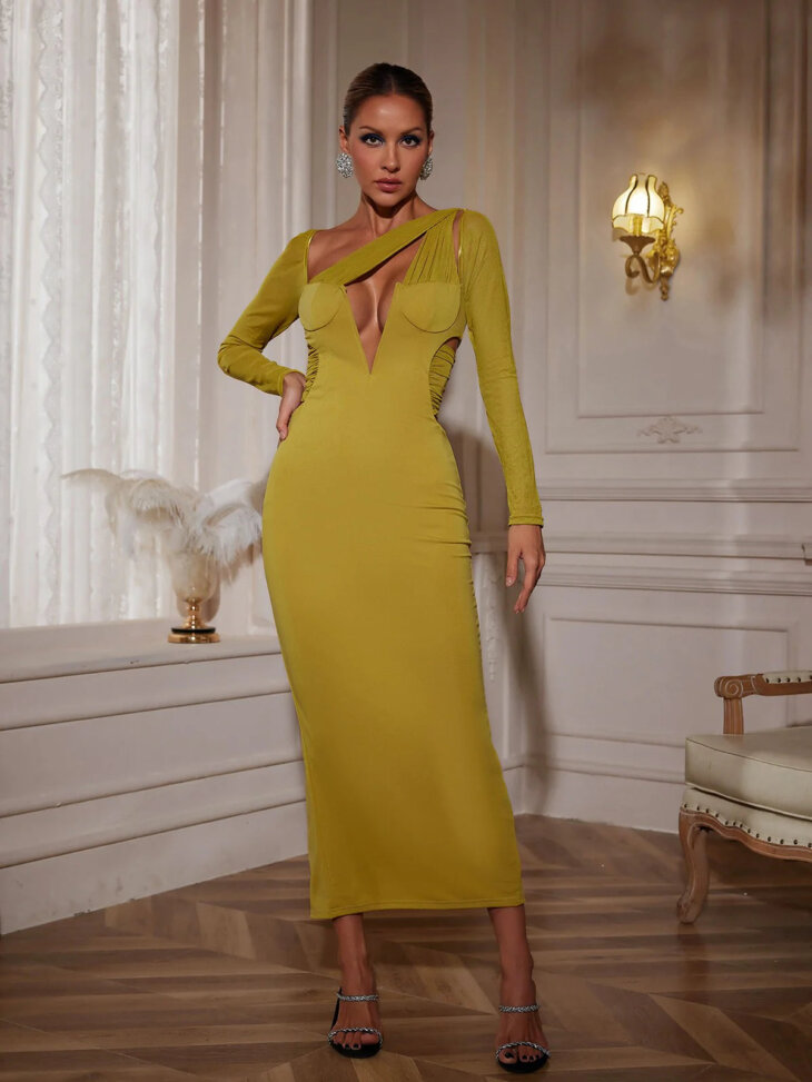 Howell - Robe longue à découpes et patchwork - Jaune