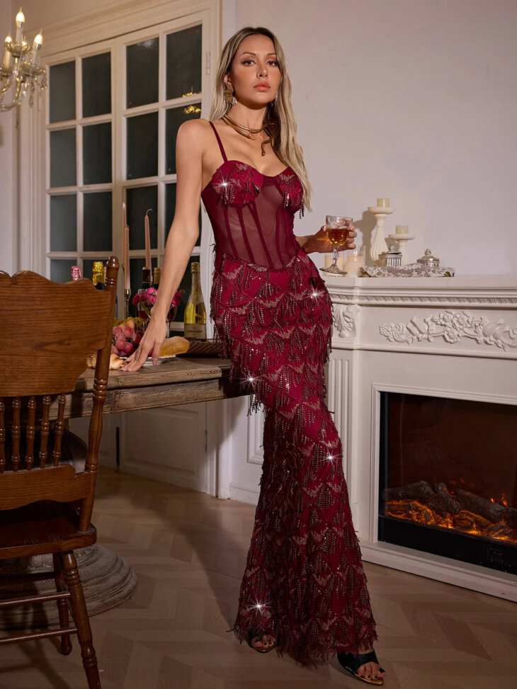 Ottis - Robe longue à franges et sequins - Rouge – Image 3