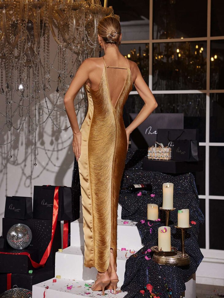 Bluma - Robe longue dos nu à franges - Bronze – Image 2