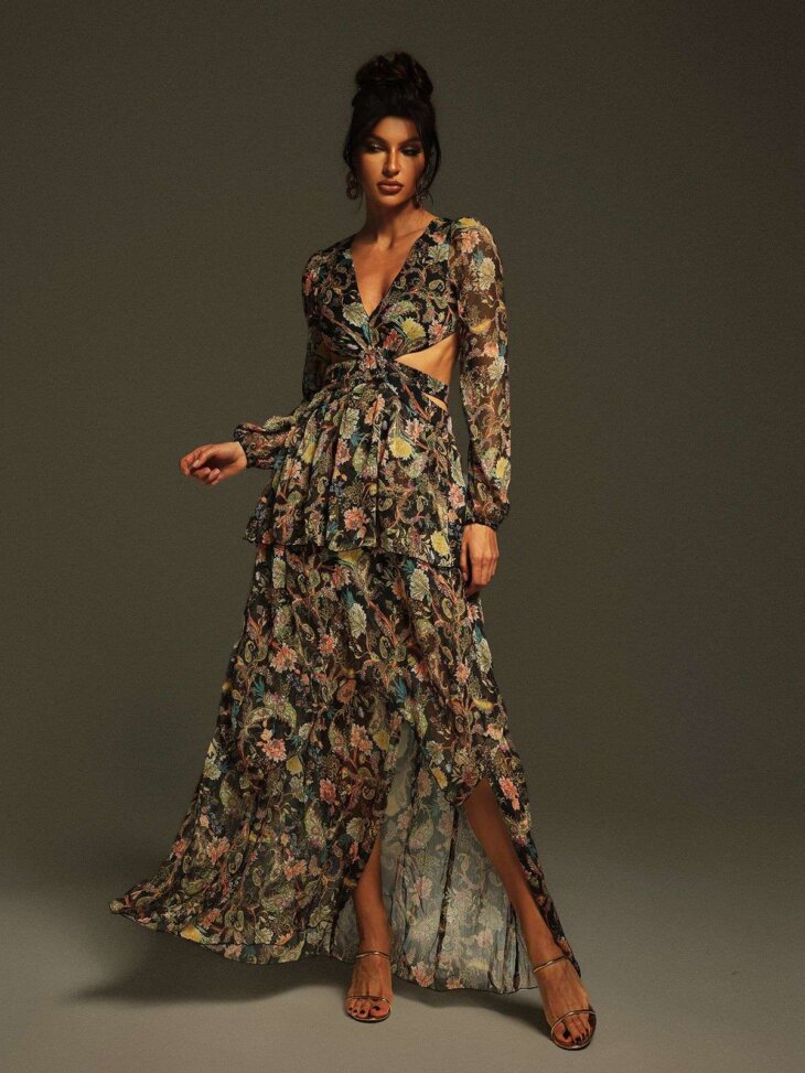 Robe longue imprimée à découpes et col en V Flavio