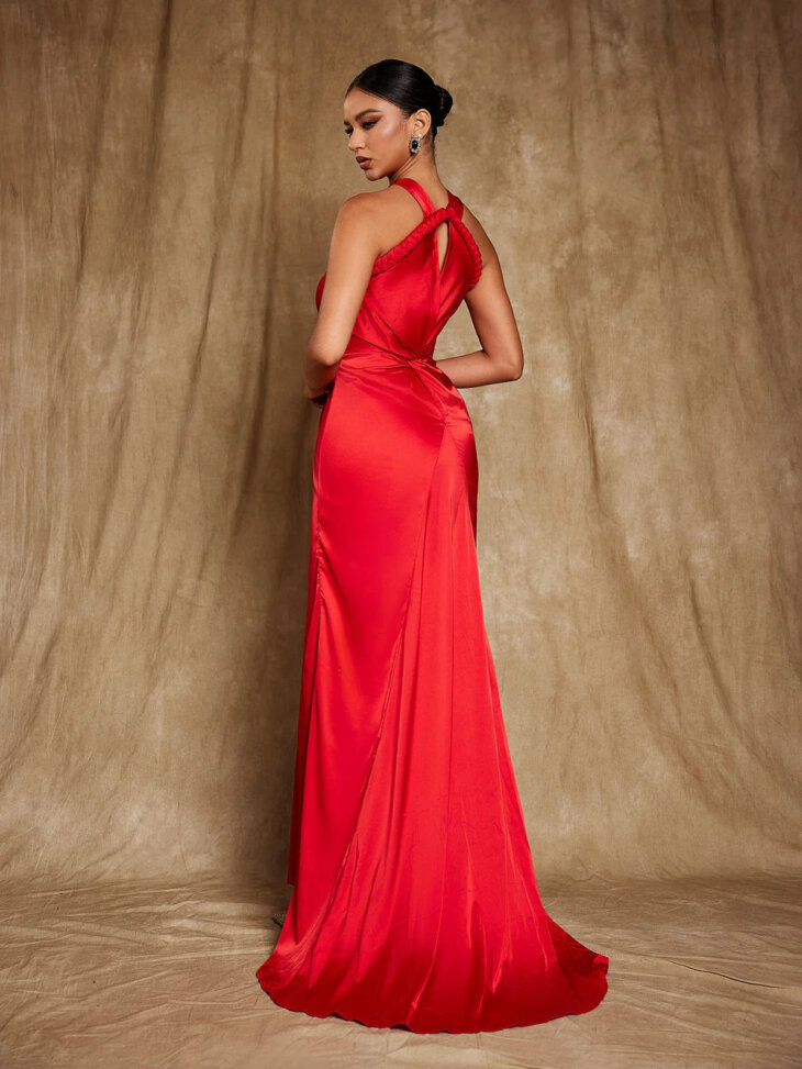 Robe longue en satin à col licou Samson – Image 2