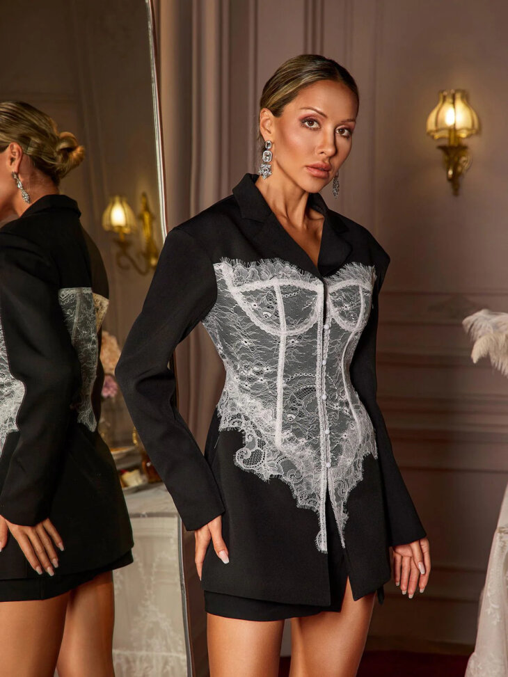 Blazer déstructuré à revers en dentelle noir – Image 5