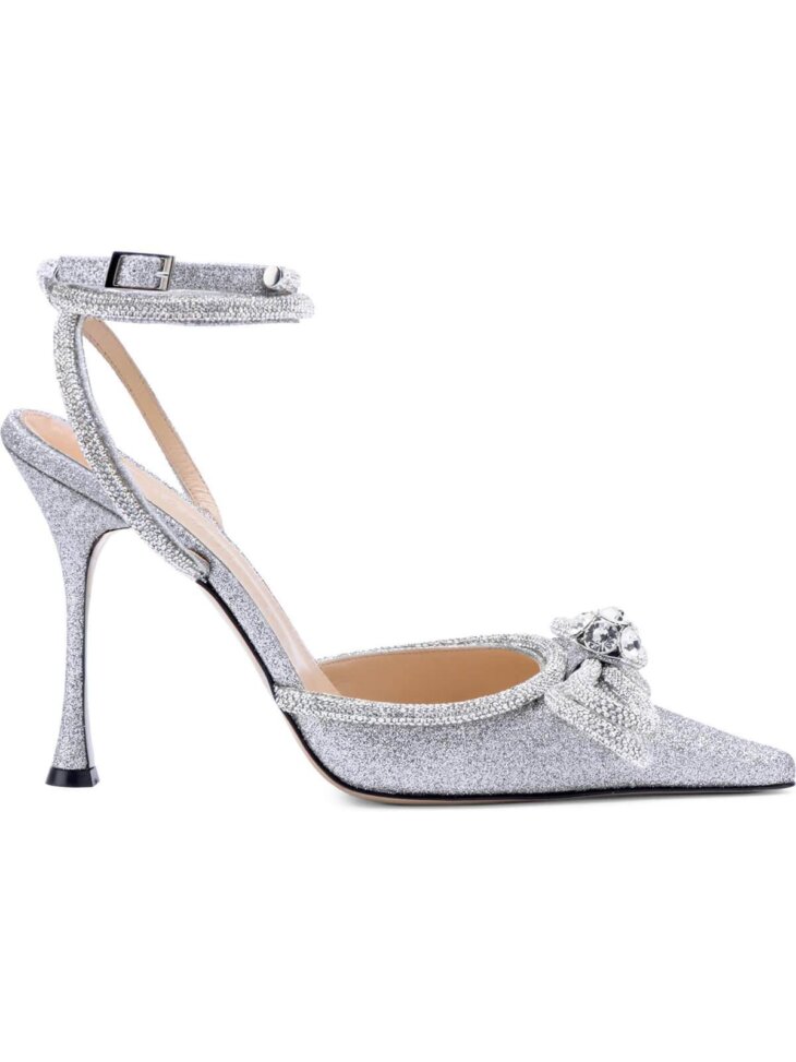 Talons en satin avec cristal et nœud Laila en argent