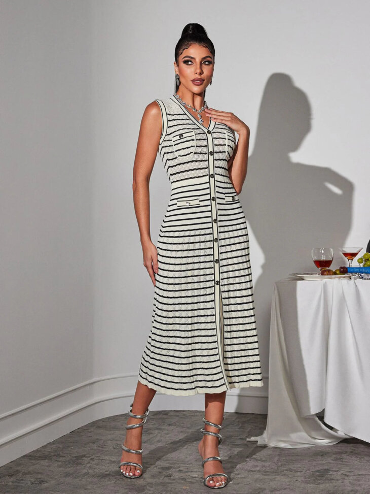Robe mi-longue en maille rayée à col en V Rayvon – Image 3