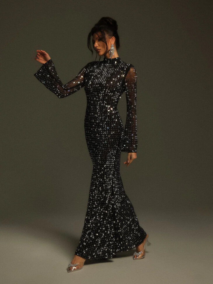 Robe Natalja en maille cristal à manches longues