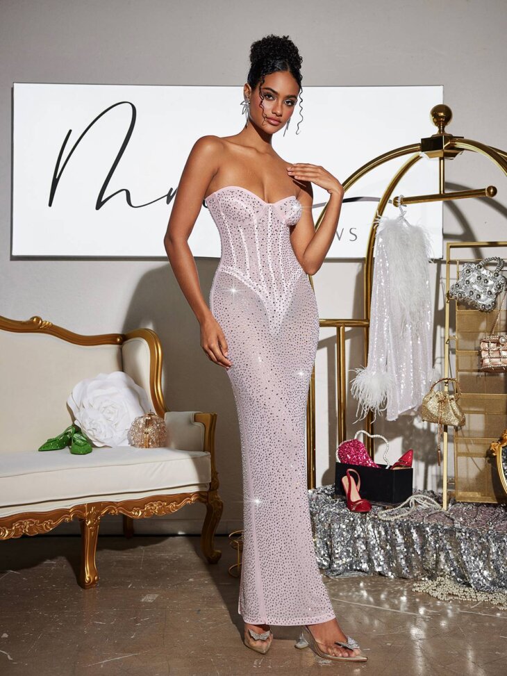 Robe longue corset sans bretelles avec strass Roanya – Image 3