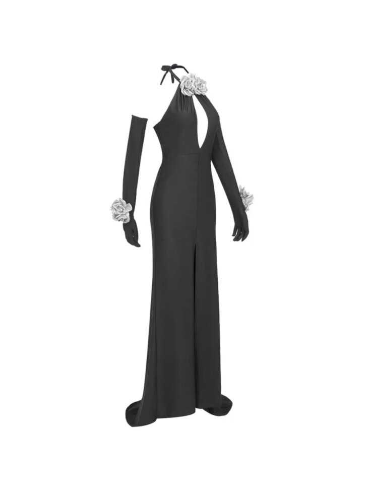 Milo - Robe fendue à fleurs dos nu avec gants – Image 6