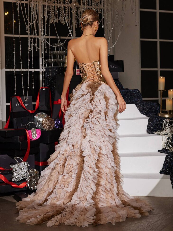 Tiemo - Robe longue bordée de tulle acrylique - Doré – Image 2
