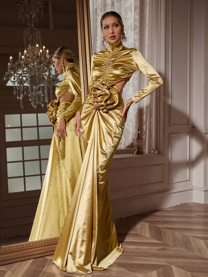 Renwick - Robe longue à manches longues et découpes de fleurs - Doré – Image 4