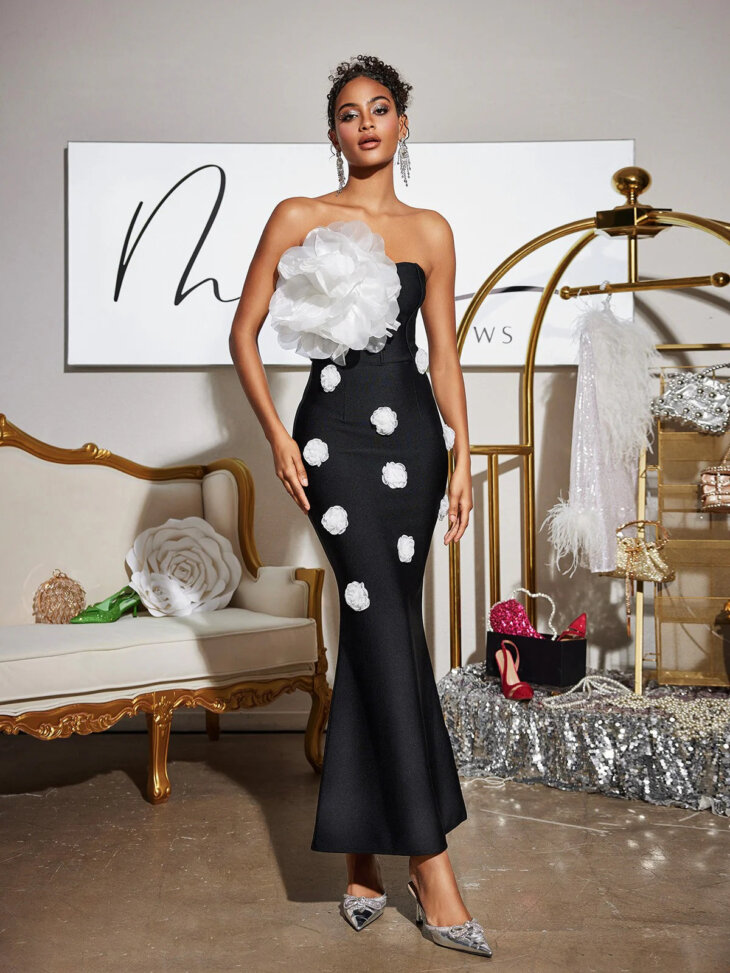 Robe longue bandage fleurie sans bretelles Burr – Image 4