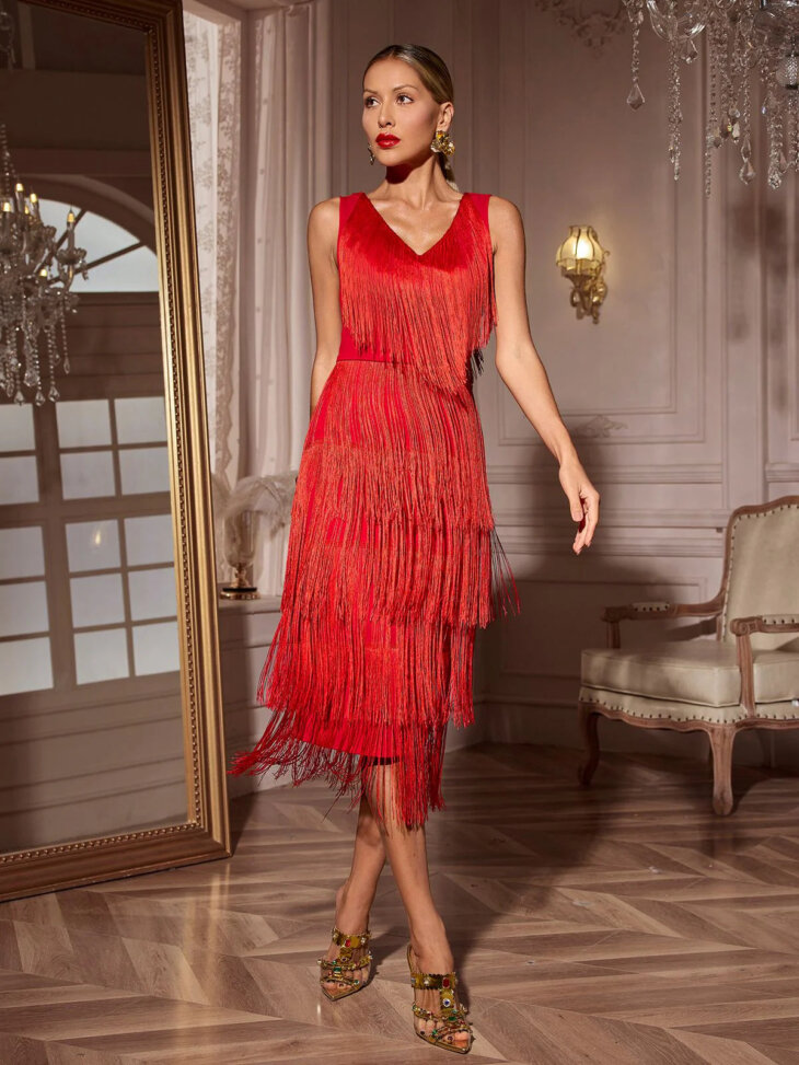 Robe mi-longue à franges et col en V Sheadon