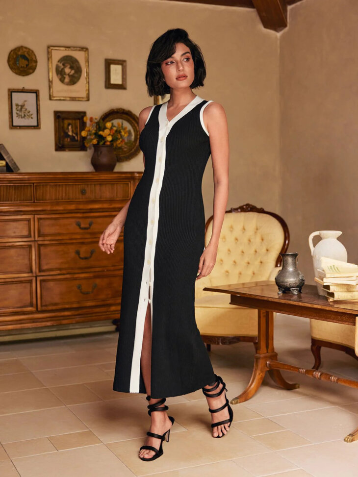 Allston - Robe mi-longue en maille boutonnée à col en V - Noir – Image 5