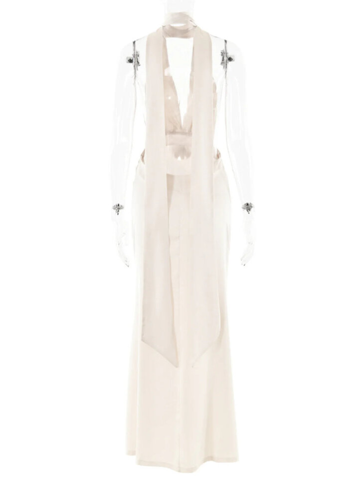 Anamaria - Robe longue dos nu froncée en satin - Blanc – Image 8