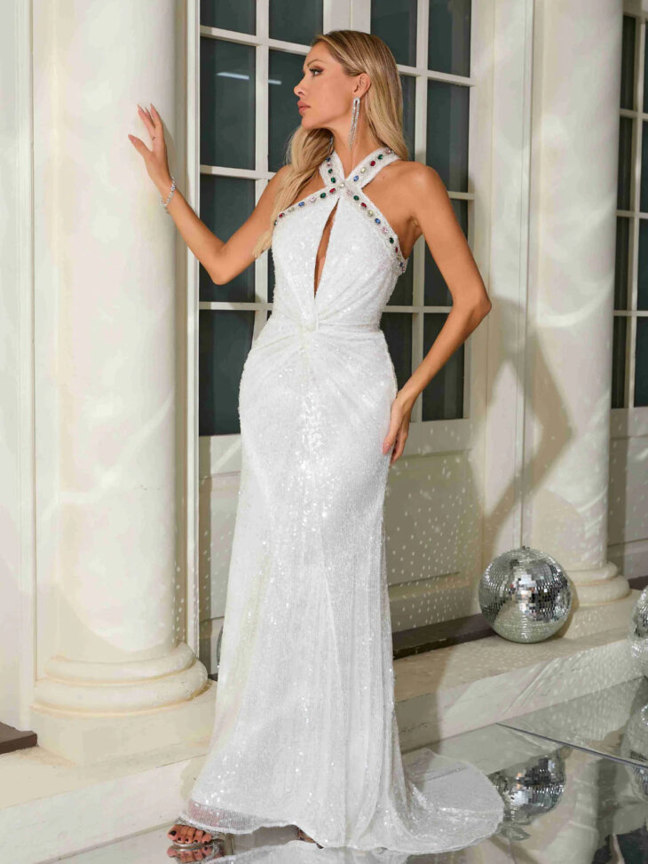 Messiah - Robe longue dos nu à sequins et strass