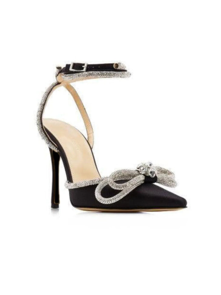 Talons en satin cristal avec nœud Laila en noir