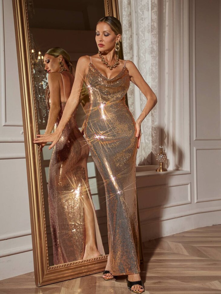 Robe longue à sequins et spaghetti Lloyd – Image 3