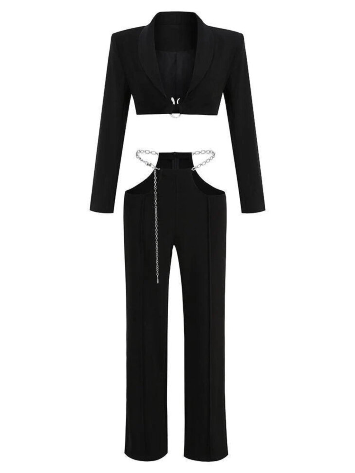 Gwyneth - Ensemble blazer à décolleté plongeant et découpe en chaîne - Noir – Image 6