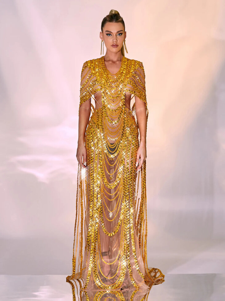 Robe longue en maille cristal et sequins Chana – Image 3