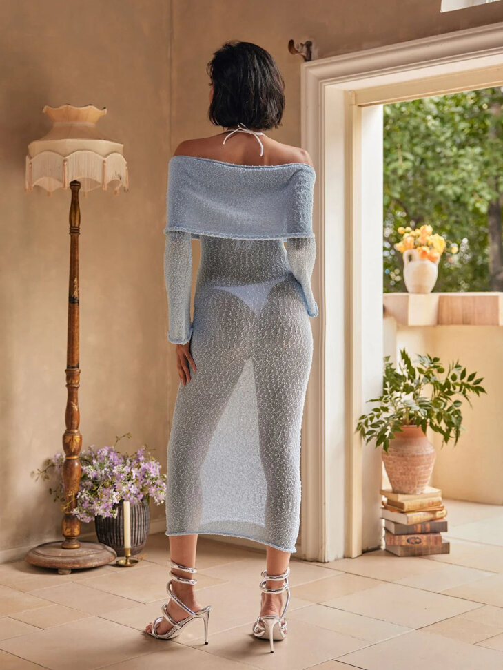 Juliea - Robe longue en maille à épaules dénudées - Bleu – Image 2