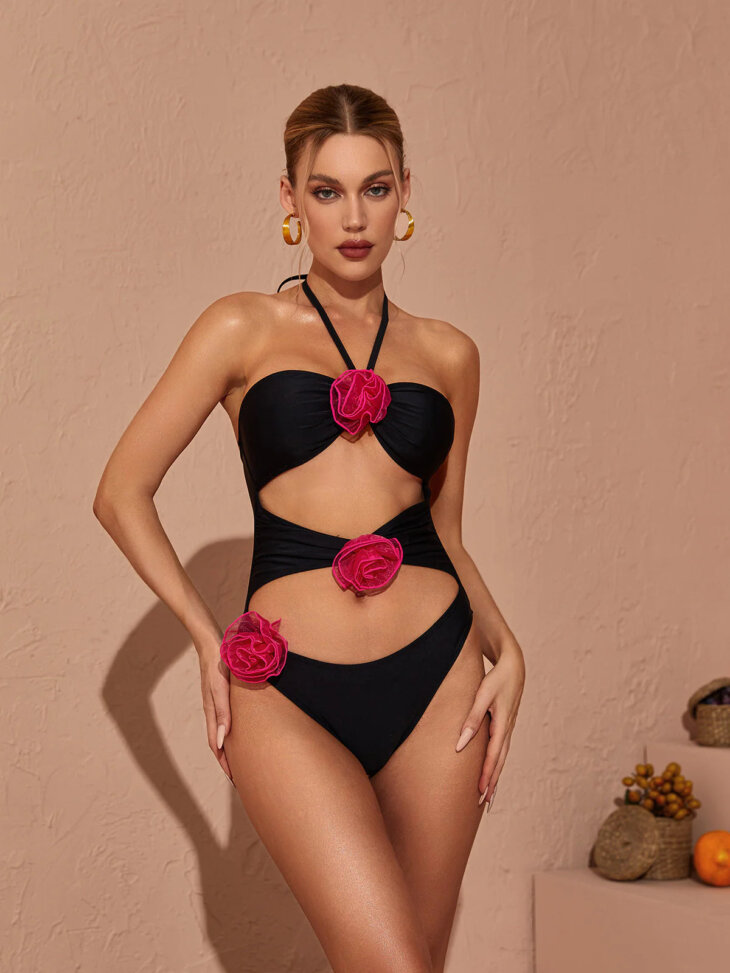 Addy - Maillot De Bain Dos Nu Découpé Orné - Noir – Image 2
