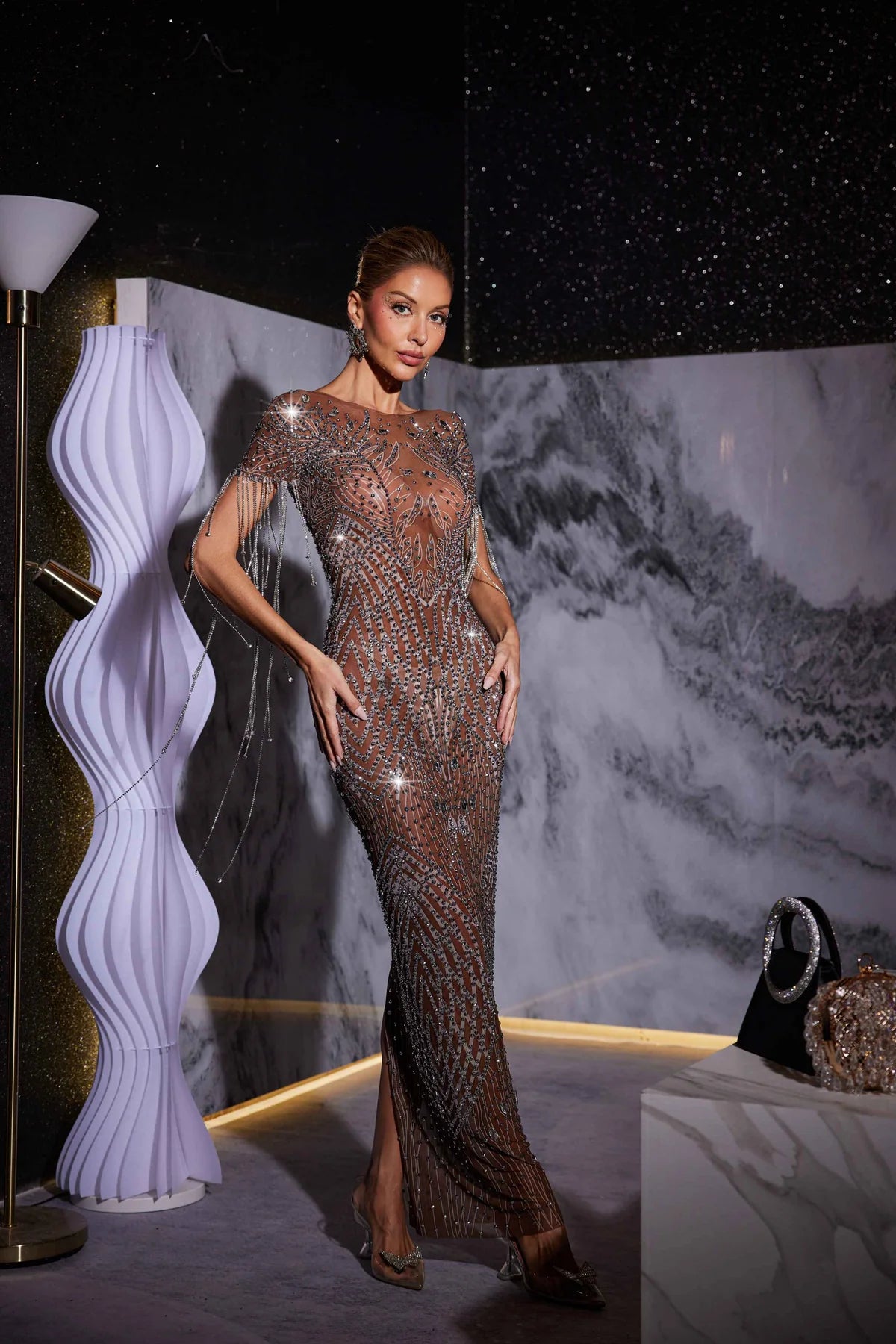 Robe longue en maille imprimée à franges et strass Kason – Image 2